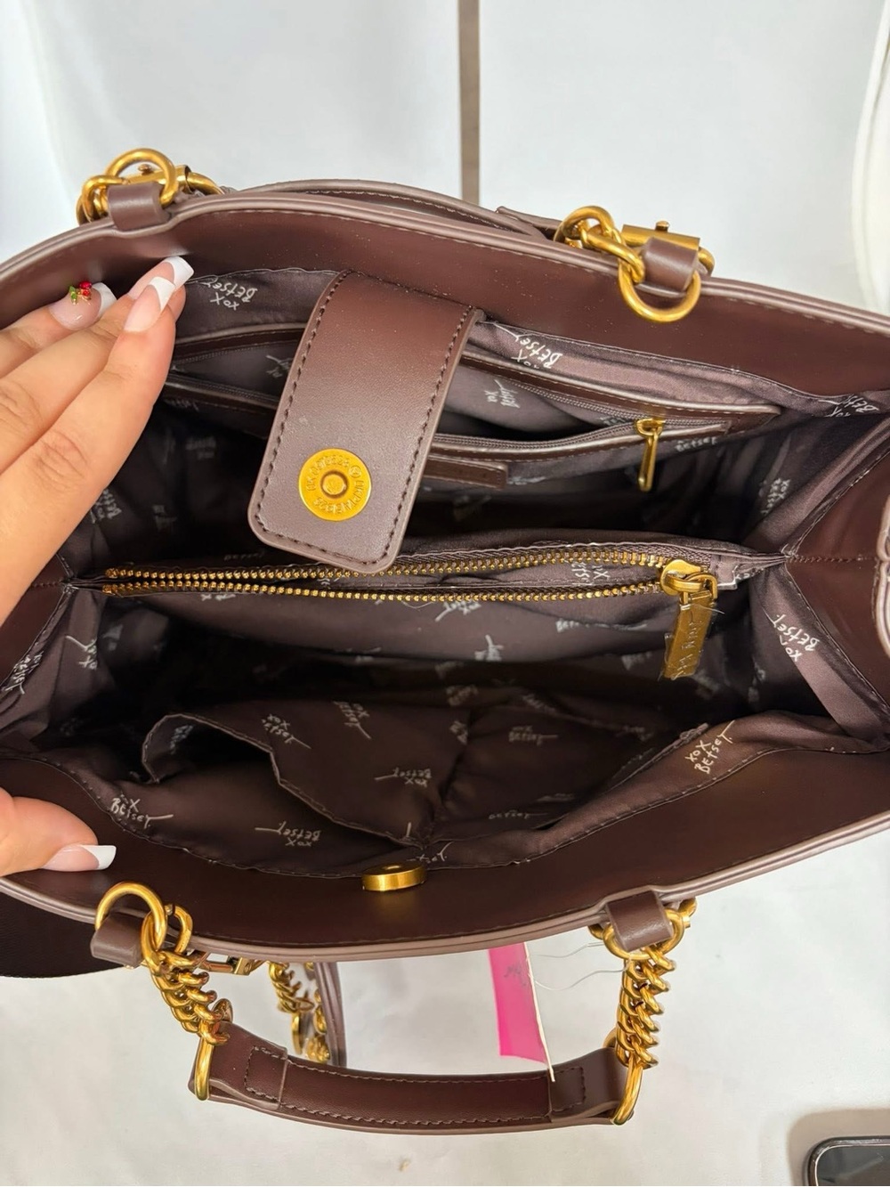 Brown Patterned Tote Bag with Gold Accent - Picture 2 of 2